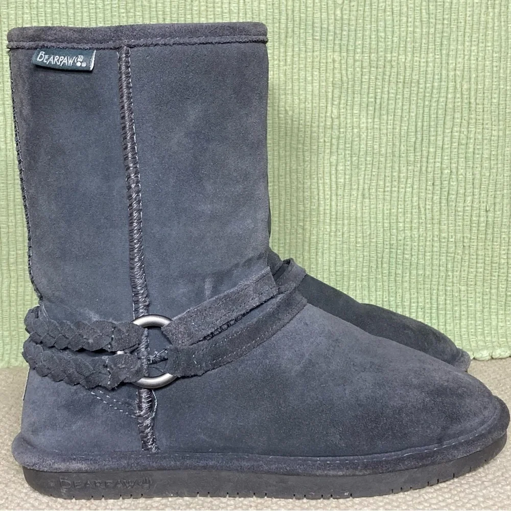 BEARPAW Womens Adele Grey Braided Harness Suede/Wool/Sheepskn Short Boots SZUS 7